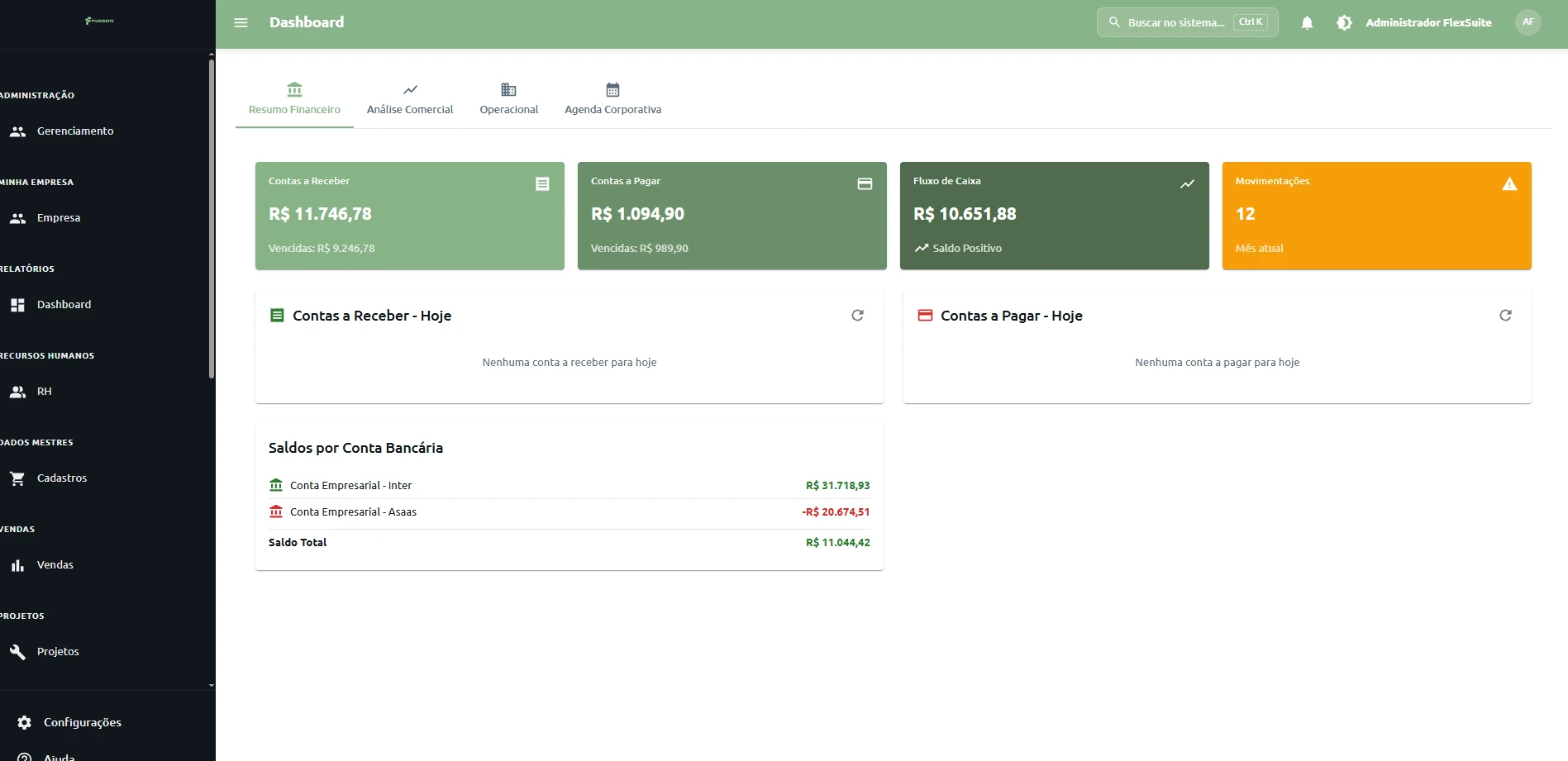 Tela real do dashboard financeiro FlexSuite com contas a pagar e receber, fluxo de caixa e saldos bancários